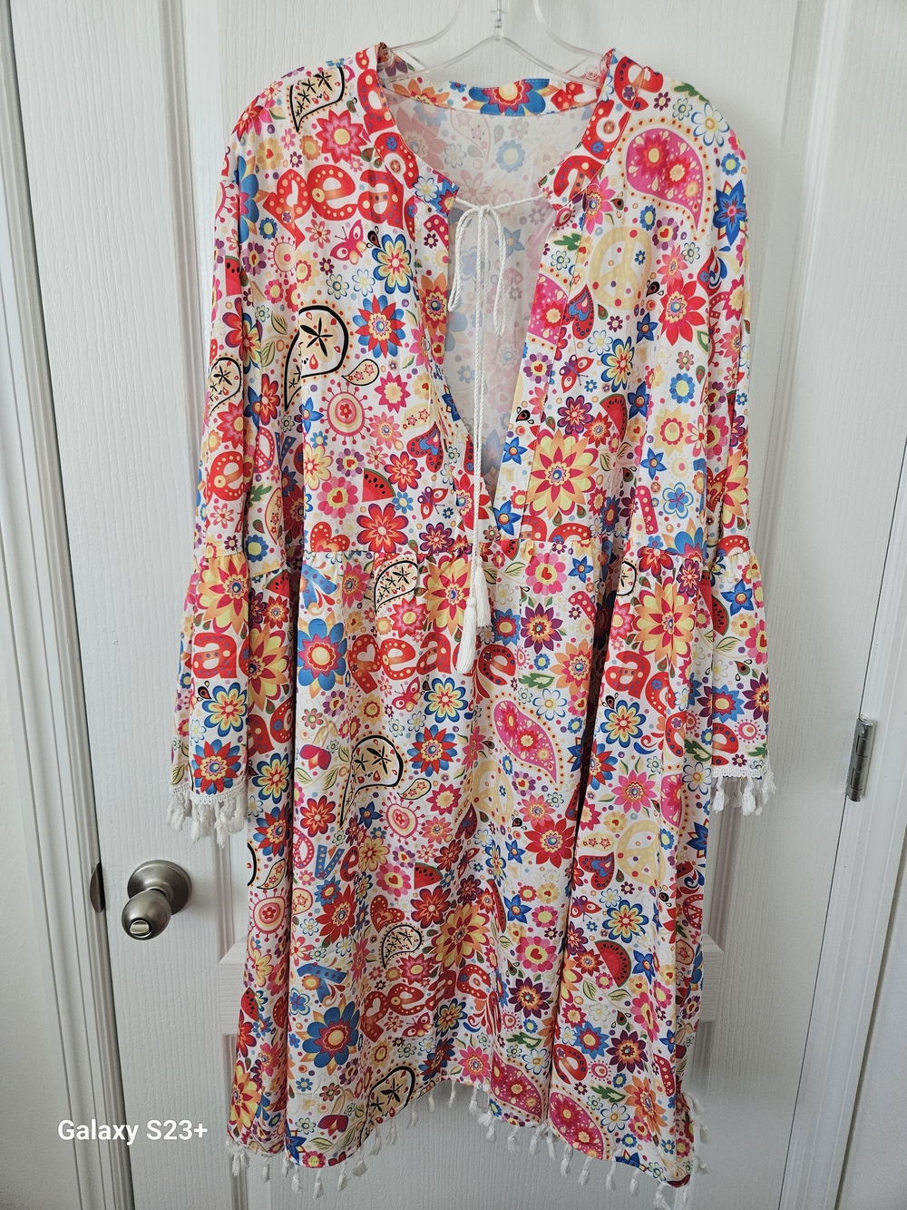 SHEIN Pink Multi-Color Floral Tassel Boho Long Sleeve Dress